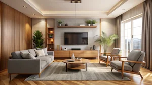 Bright contemporary living room featuring a wall-mounted TV, comfortable seating, and modern décor.